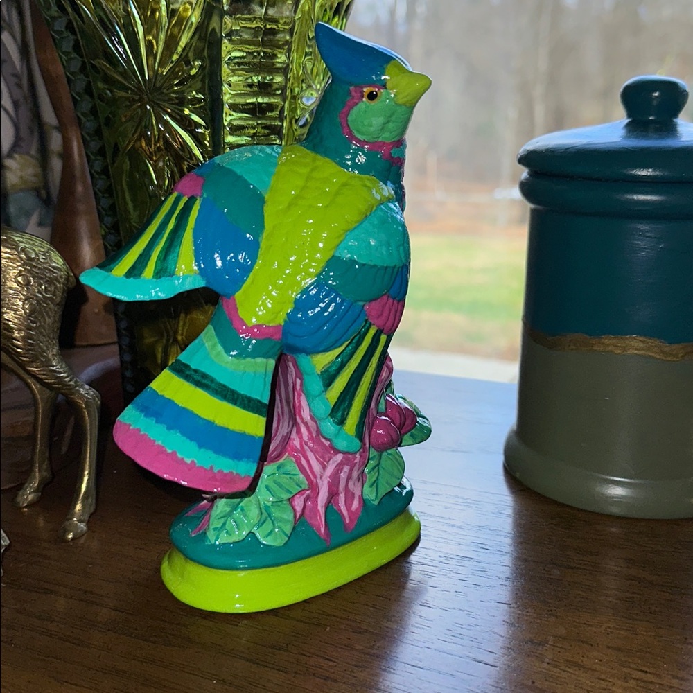 Upcycled Vintage, Maximalist, Colorful “Blue, Pink and Lime Green Jay” figurine